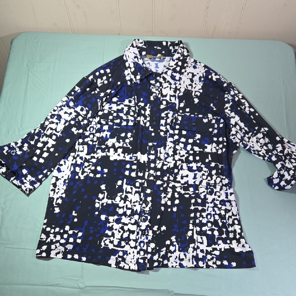 Women's Blue and White Peck And Peck Weekend Button Dress Shirt XL